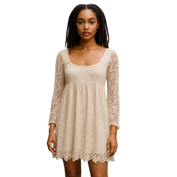 Soieblu Babydoll Mini Dress L Beige Floral Crochet Lace Sheer Boho Wedding Beach - Picture 1 of 12